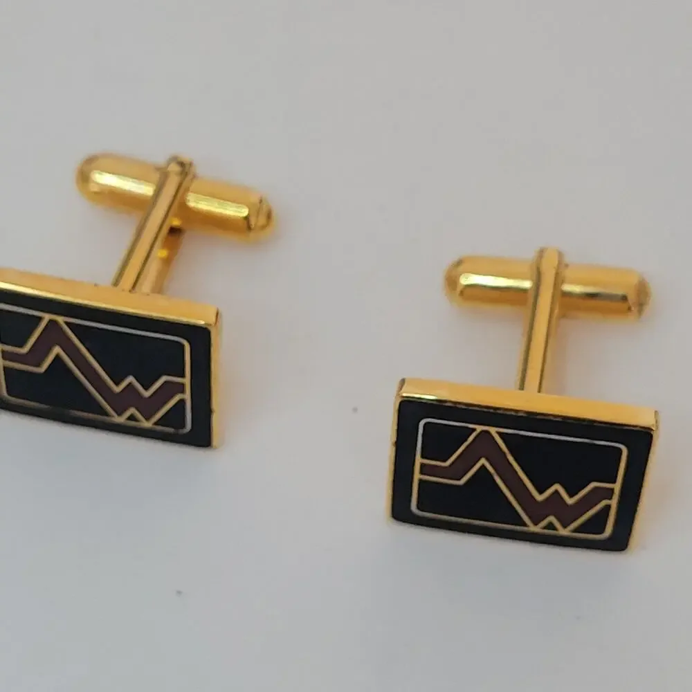 Mario Valentino MV Gold Black Red Tone Rectangle Logo Cufflinks Designer Retro